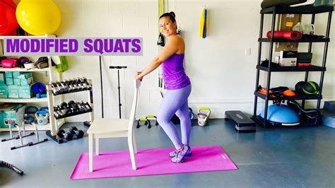 After an injury, modify squats by not bending so far and concentrating on placing more bend in a second modification to reduce the strain on your knees is to increase the distance between your feet. Importance, Benefits & Modifications of Squats - YouTube