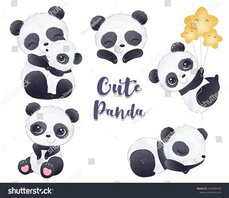 Cute Pandas Set Watercolor Illustration Vetor Stock Livre De Direitos