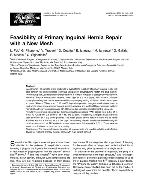 Pdf Feasibility Of Primary Inguinal Hernia Repair With A New Mesh