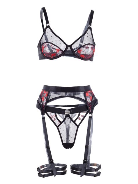 Carolilly Women 3 Pieces Erotic Lingerie Set Flower Embroidery See