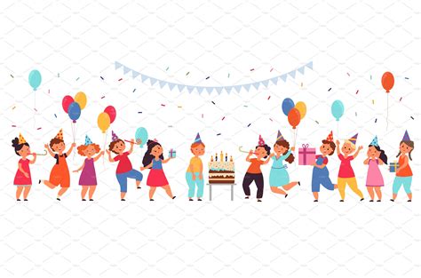 Cartoon Kids On Birthday Party Boy Background Graphics Creative Market