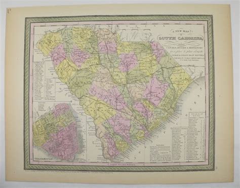 South Carolina Map Original Antique 1855 Mitchell Charleston Sc County