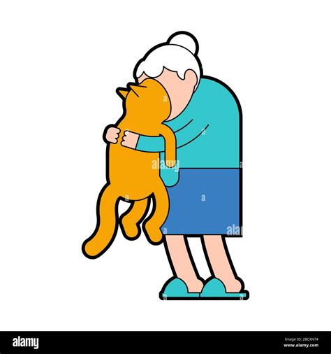 Grandma Hugs Cat Grandmother Loves Pet Granny Amd Home Animal Vector