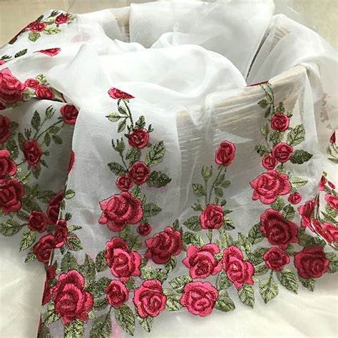 1 Meter Organza Lace Embroidery Rose Red Dress Fabric Unilateral