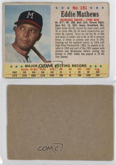 Find historical values for graded 1952 topps ed mathews #407 baseball cards by viewing prices sold on ebay and major auctions. 1963 Post #151 Eddie Mathews Milwaukee Braves Baseball Card | eBay