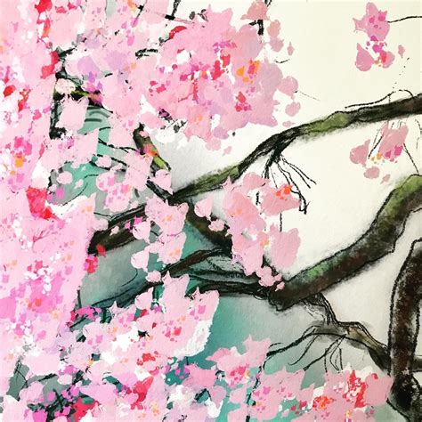 A Painting Of Pink Flowers On A Tree Branch