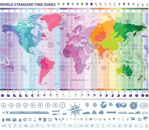 World Standard Time Zones Map With Clocks Navigation And Travel Icons