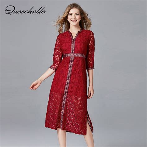 Queechalle Colorful Embroidery V Neck Elegant Lace Dress 2021 Autumn