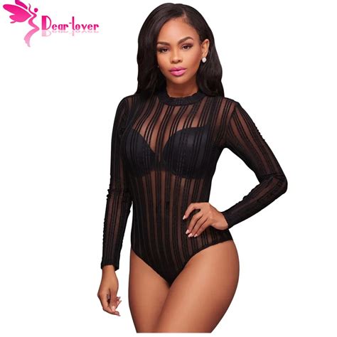 dear lover bodysuits women long sleeve autumn black striped mesh playsuits rompers bodycon