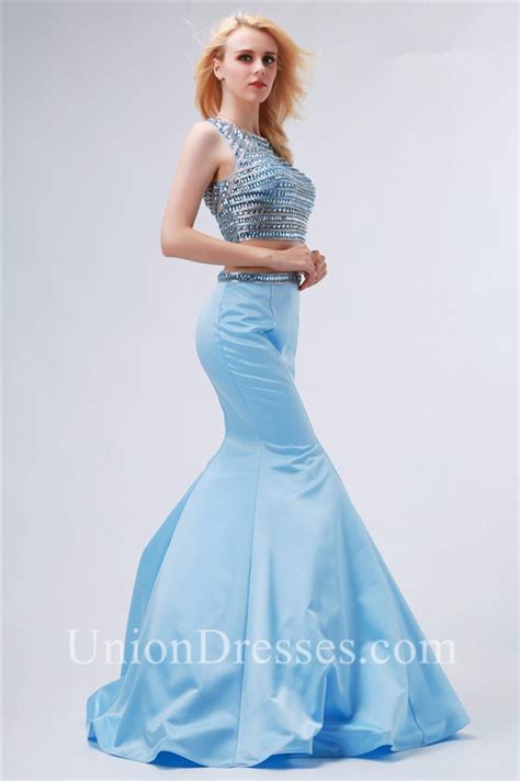 Mermaid Open Back Two Piece Light Blue Satin Beaded Prom Dress