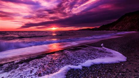 Beautiful Ocean Waves Under Purple Black Cloudy Sky During Sunrise With Reflection 4k Hd Nature