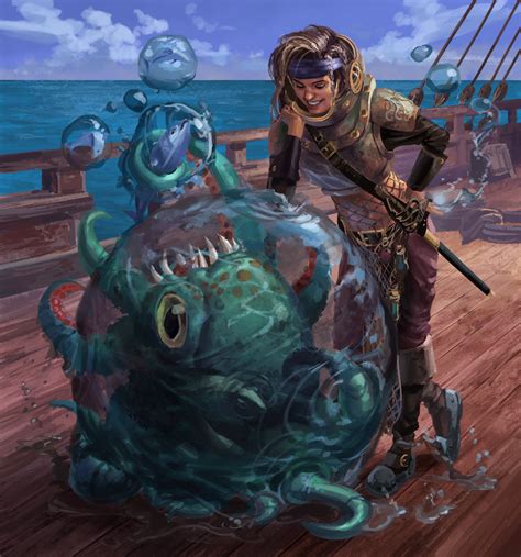 Pirate Sorceress And Her Pet Kraken Hatchling By Phill Art R