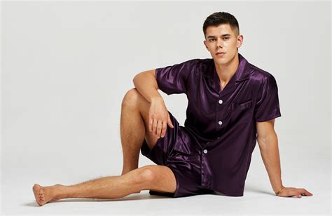 Mens Silk Satin Pajama Set Short Sleeve Dark Purple With Black Piping