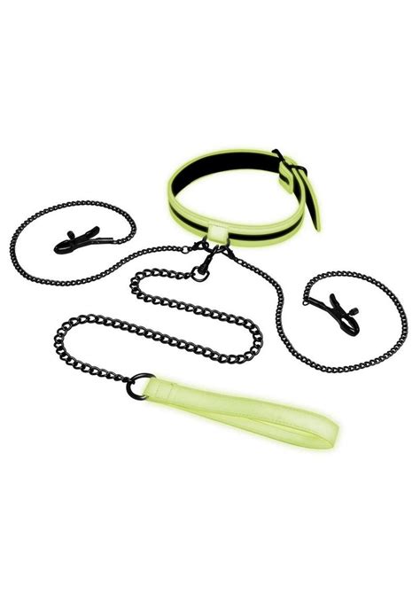 whipsmart glow in the dark collar with nipple clips and leash green wholesale adult toys