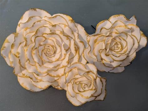 3 Edible Roses Tipped In Gold Gum Paste Fondant Cake Decoration