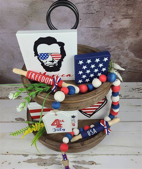 Fourth Of July Wood Bead Garland Independence Day Tiered Tray Etsy