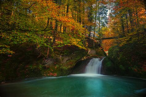 Waterfall In Autumn Forest 4k Ultra Hd Wallpaper Background Image