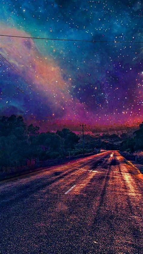 Colourful Galaxy View From Road Wallpaper Iphone Wallpaper