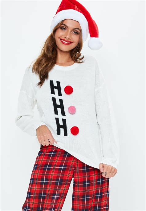 White Ho Ho Ho Pom Pom Knitted Sweater Knit Outfit Sweaters Knitwear Women