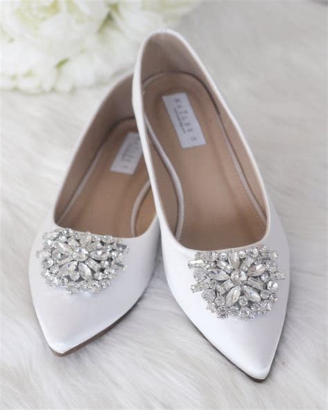 White Satin Toe Satin Flats With Oversized Brooch Bride Shoes Kailee
