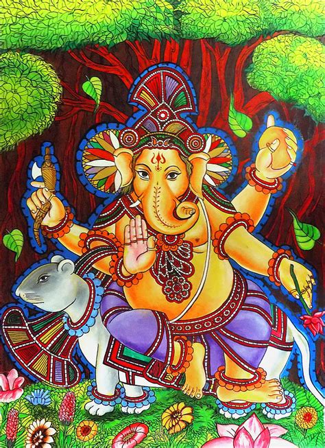 Ganesha Hindu Colored Mural Painting Painting By Arun Sivaprasad