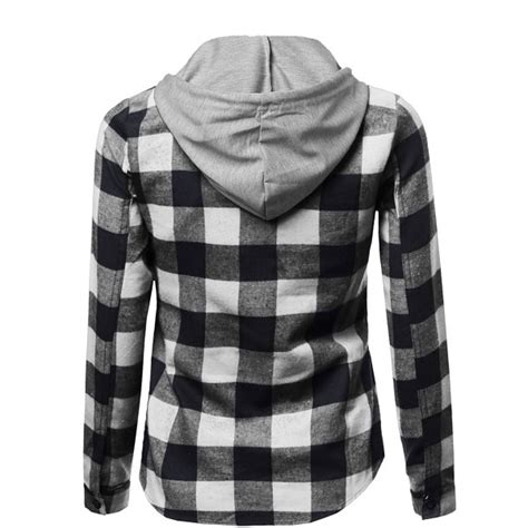 Soft Plaid Checkered Detachable Hood Flannel Plus Size Black White Size 1xl C8128na4ppz