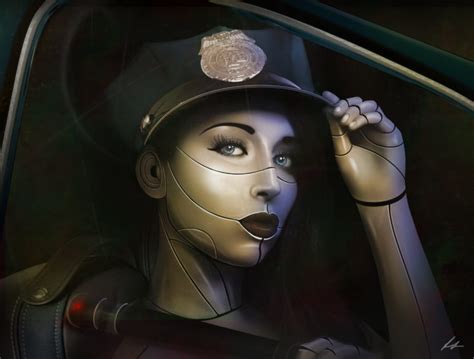 Technics Robot Police Hat Face Glance Fantasy Girl Cyborg