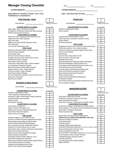 Plant operator daily safety checklist: Pin Restaurant Kitchen Closing Checklist Template on ...