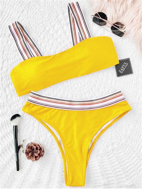 [17 Off] 2020 Striped Trim High Cut Bikini Set In Yellow Zaful