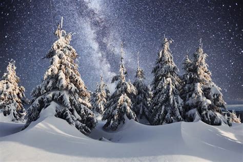 Starry Sky In Winter Snowy Night Big Milky Way Majestic Landscape