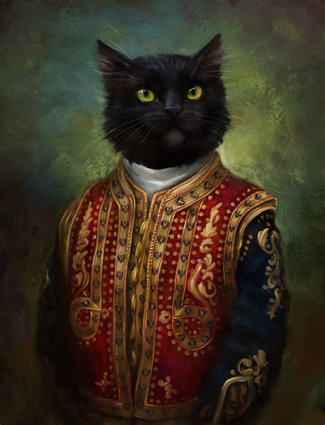 Fluffy cat in anime style. Royal cats portraits inspired by classic oil paintings ...