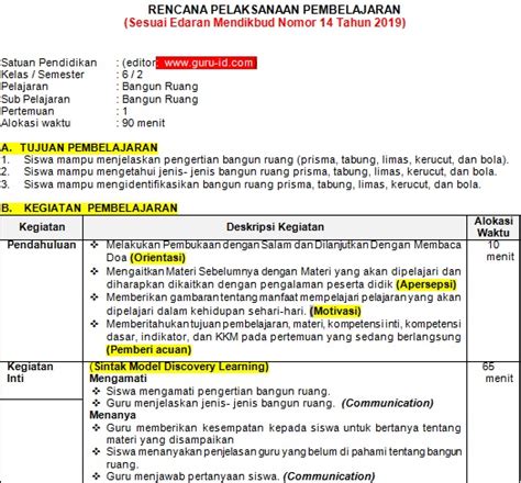 Download lengkap kumpulan rpp pembelajaran online sd/mi kelas 1 s/d kelas 6. RPP 1 Lembar Matematika Kelas 6 k13 Semester 2 Revisi 2020 ...