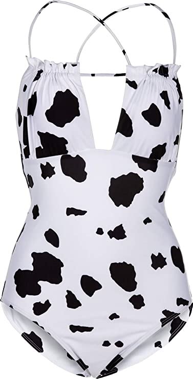 Peddney Women Cow Print One Piece Swimsuit Lace Up Low Back Bathing