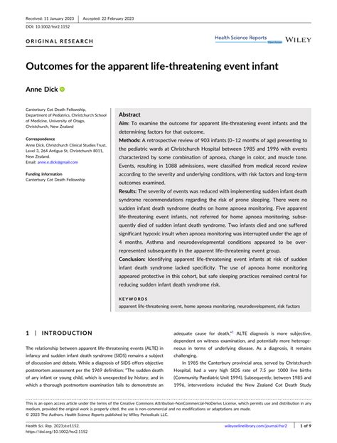 Pdf Outcomes For The Apparent Life‐threatening Event Infant