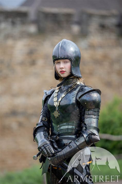 female knight armor made of blackened spring steel “dark star” female armor knight armor