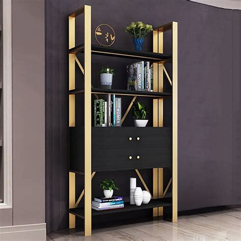 709 Display Gold Bookshelf Storage Bookcase With 4 Doors In Black