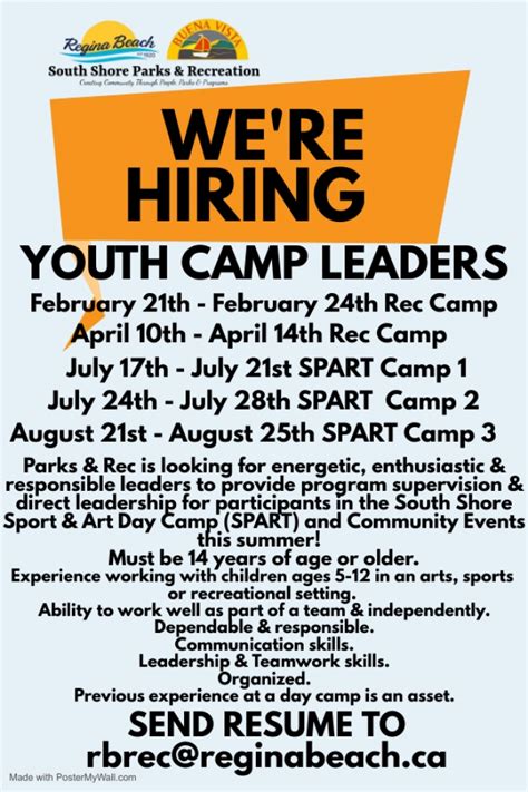 We Are Hiring Parks And Recreation Camp Leaders