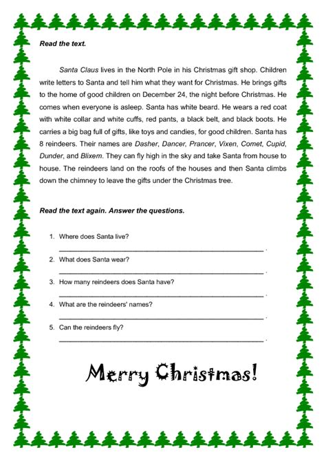Printable Christmas Reading Comprehension Worksheets