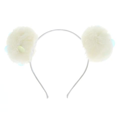 Iridescent Pom Pom Cat Ears Headband White Claires Us