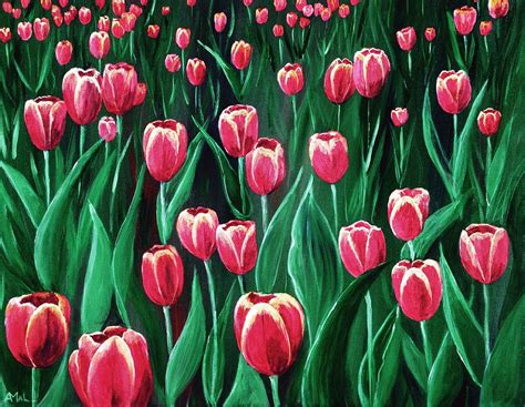 Pink Tulip Field Painting By Anastasiya Malakhova