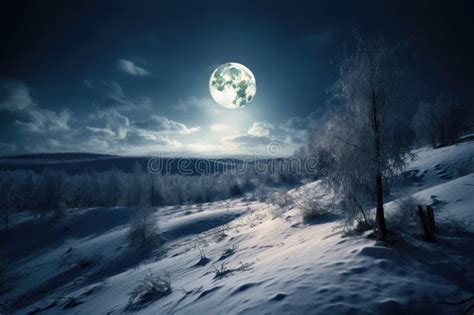 Full Moon Shining Over Snowy Landscape Stock Image Image Of Snowy