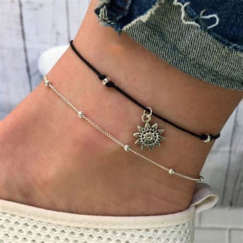 Vintage Boho Multi Layer Beads Anklets For Women Fashion Sun Pendent Anklet Cotton Handmade