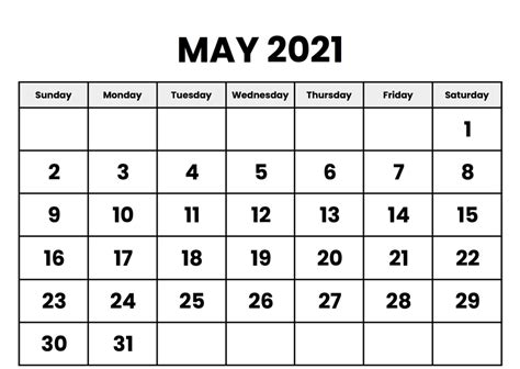 Blank May Calendar 2021 Printable Template In Pdf Word Excel