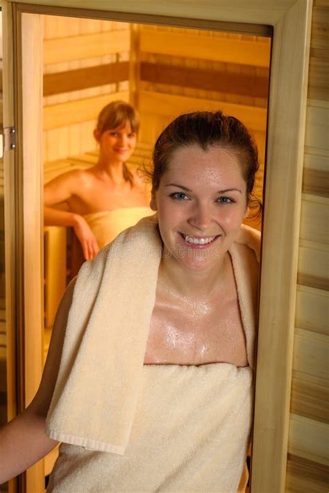 Two Women At Sauna Wrapped In Towel Stock Image Image Of Perspiration Body