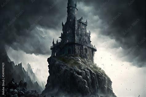 Dark Fantasy Gothic Castle Tower On A Hilltop Landscape Illustration