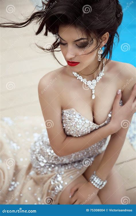 Beauty Fashion Brunette Model Portrait Elegant Lady In Luxurious Glamour Dress With Oriental