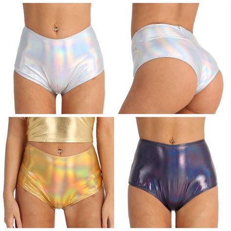 Women Shiny Metallic High Waisted Booty Shorts Zipper Panties Rave Dance Bottoms