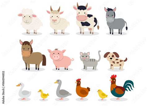 Farm Animals Set In Flat Style Isolated On White Background Vector