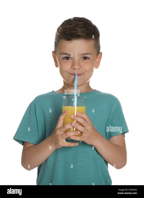 Little Boy Drinking Juice On White Background Stock Photo Alamy