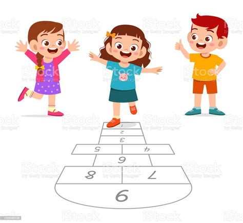 Happy Cute Little Kid Boy And Girl Play Hopscotch Stock Illustration